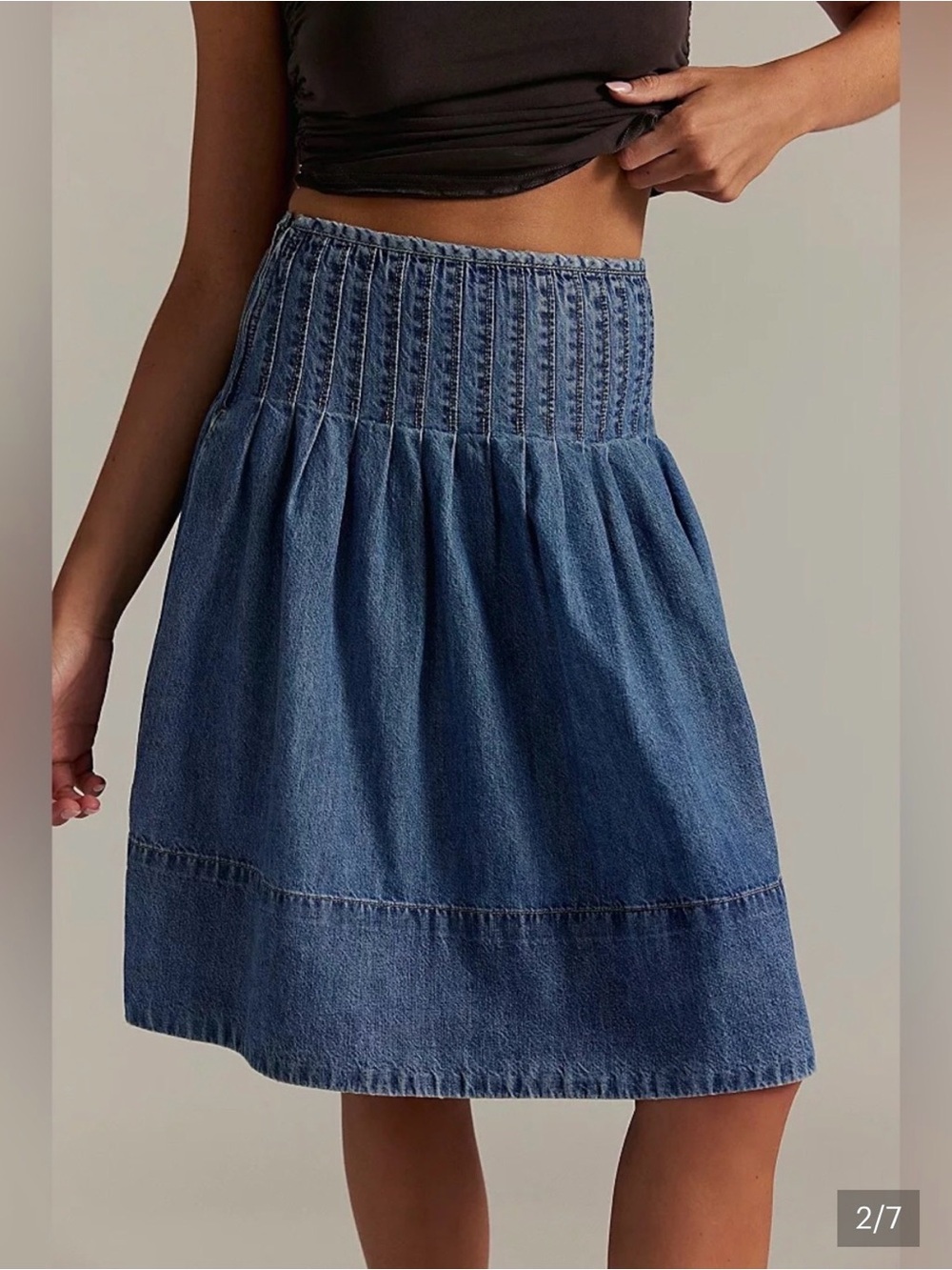 We The Free Denim Smocked A-Line Skirt in Medium Blue